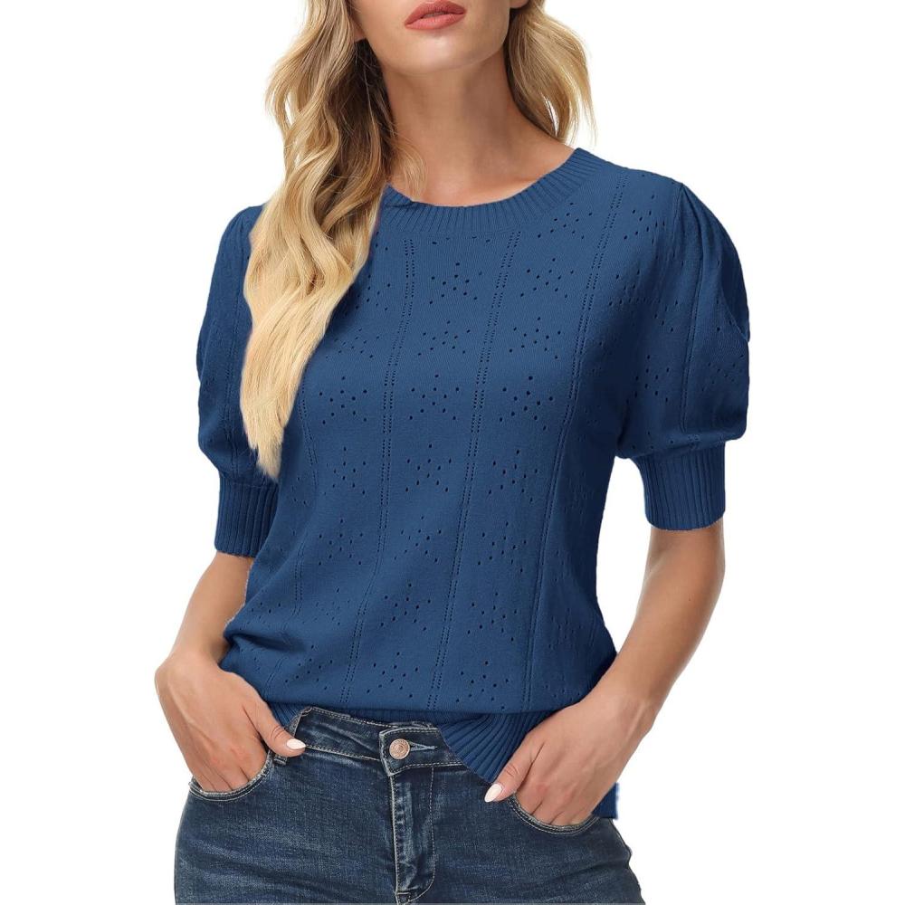 imageGRACE KARIN Womens Lightweight Thin Summer Pullover Sweater Cute Puff Short Sleeve Tops Pullover Shirt Knit BlouseNavy Blue