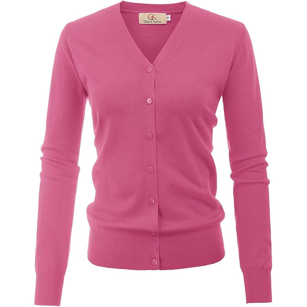 imageGRACE KARIN Womens Long Sleeve Button Down Vee Neck Classic Sweater Knit CardiganHot Deep Pink