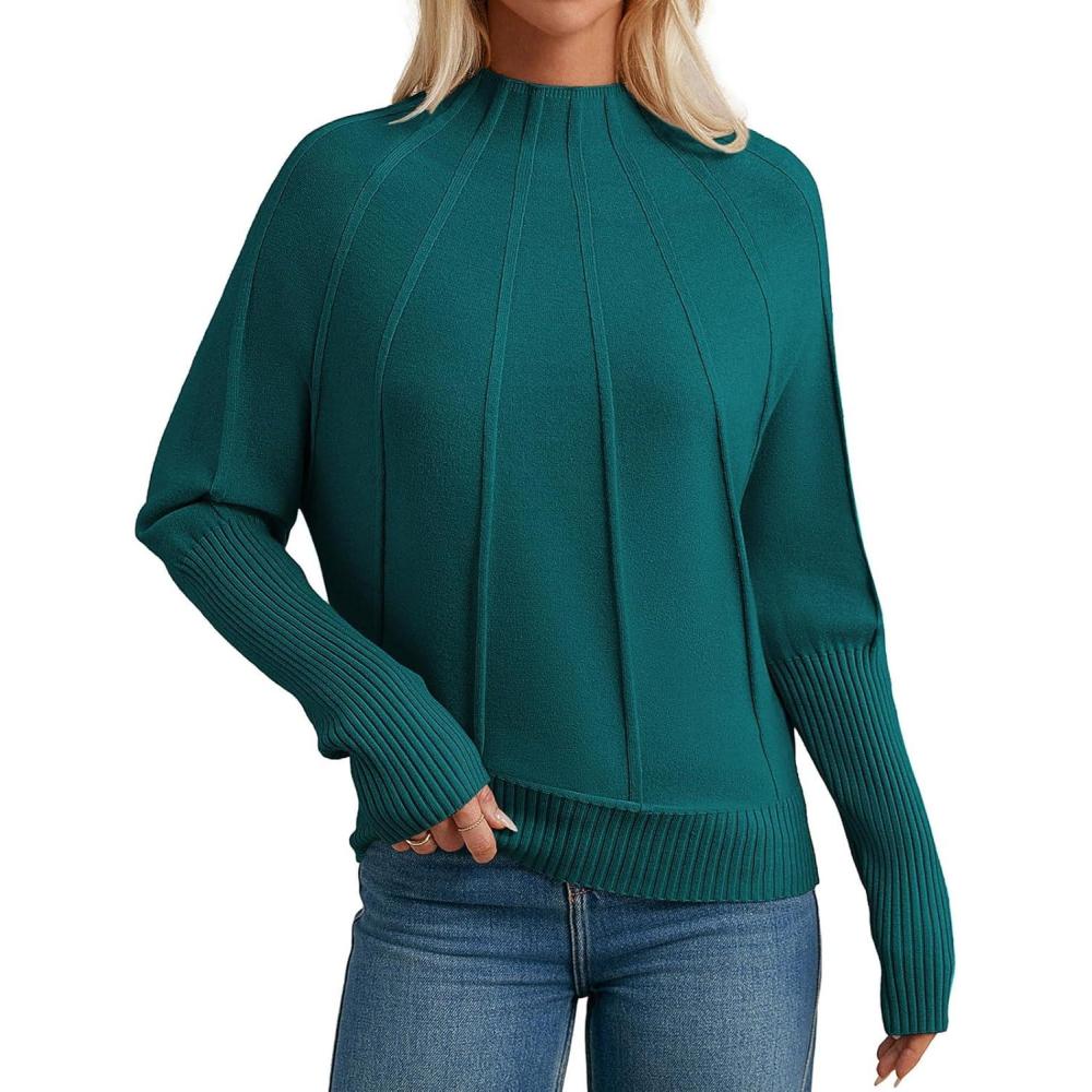 imageGRACE KARIN Womens Mock Neck Batwing Sleeve Sweater Loose Knitted Pullover Sweaters Ribbed Sweater TopsGreen