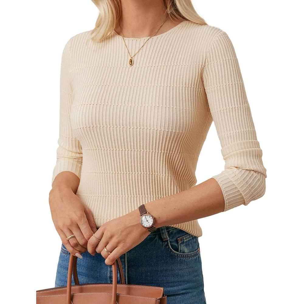 imageGRACE KARIN Womens Spring Wool Blend Sweater Tops Long Sleeve Ribbed Pullover 2026 Knitted Casual BlouseApricot