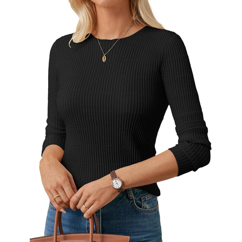imageGRACE KARIN Womens Spring Wool Blend Sweater Tops Long Sleeve Ribbed Pullover 2026 Knitted Casual BlouseBlack