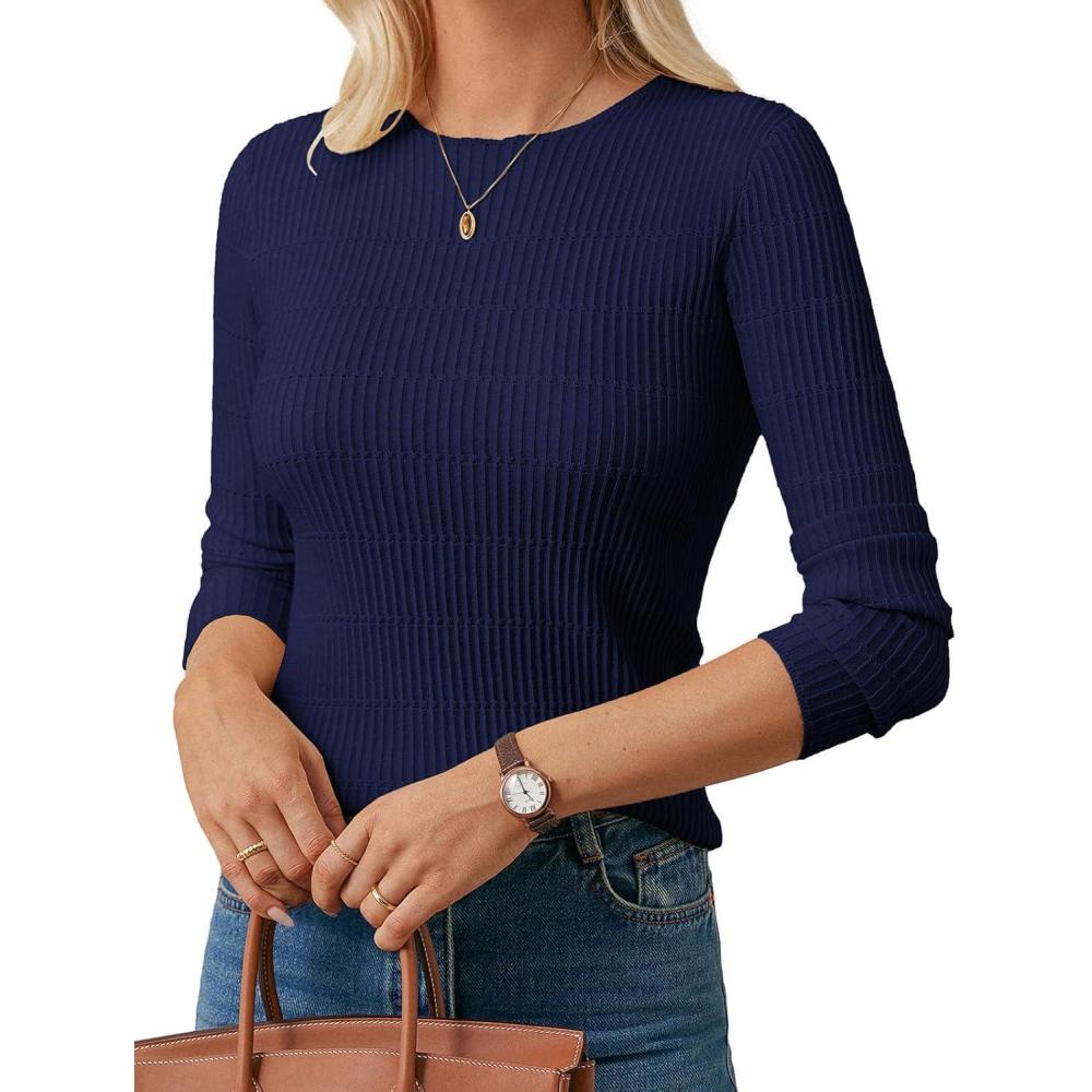 imageGRACE KARIN Womens Spring Wool Blend Sweater Tops Long Sleeve Ribbed Pullover 2026 Knitted Casual BlouseNavy Blue