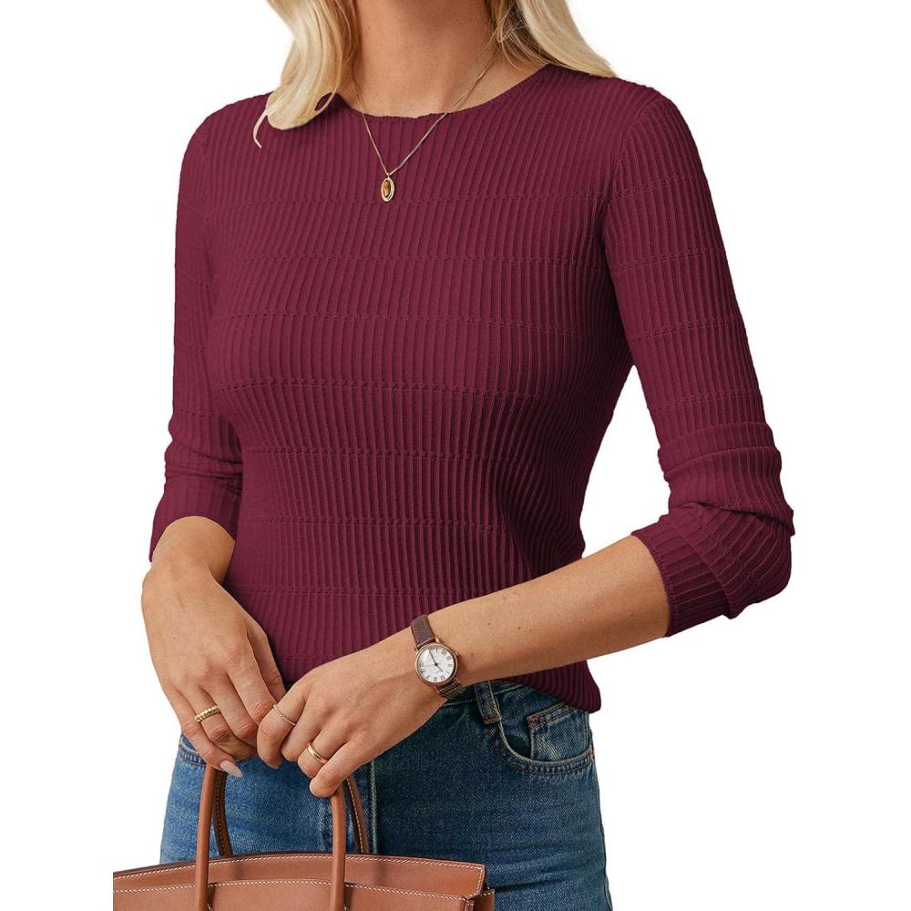 imageGRACE KARIN Womens Spring Wool Blend Sweater Tops Long Sleeve Ribbed Pullover 2026 Knitted Casual BlouseWine Red
