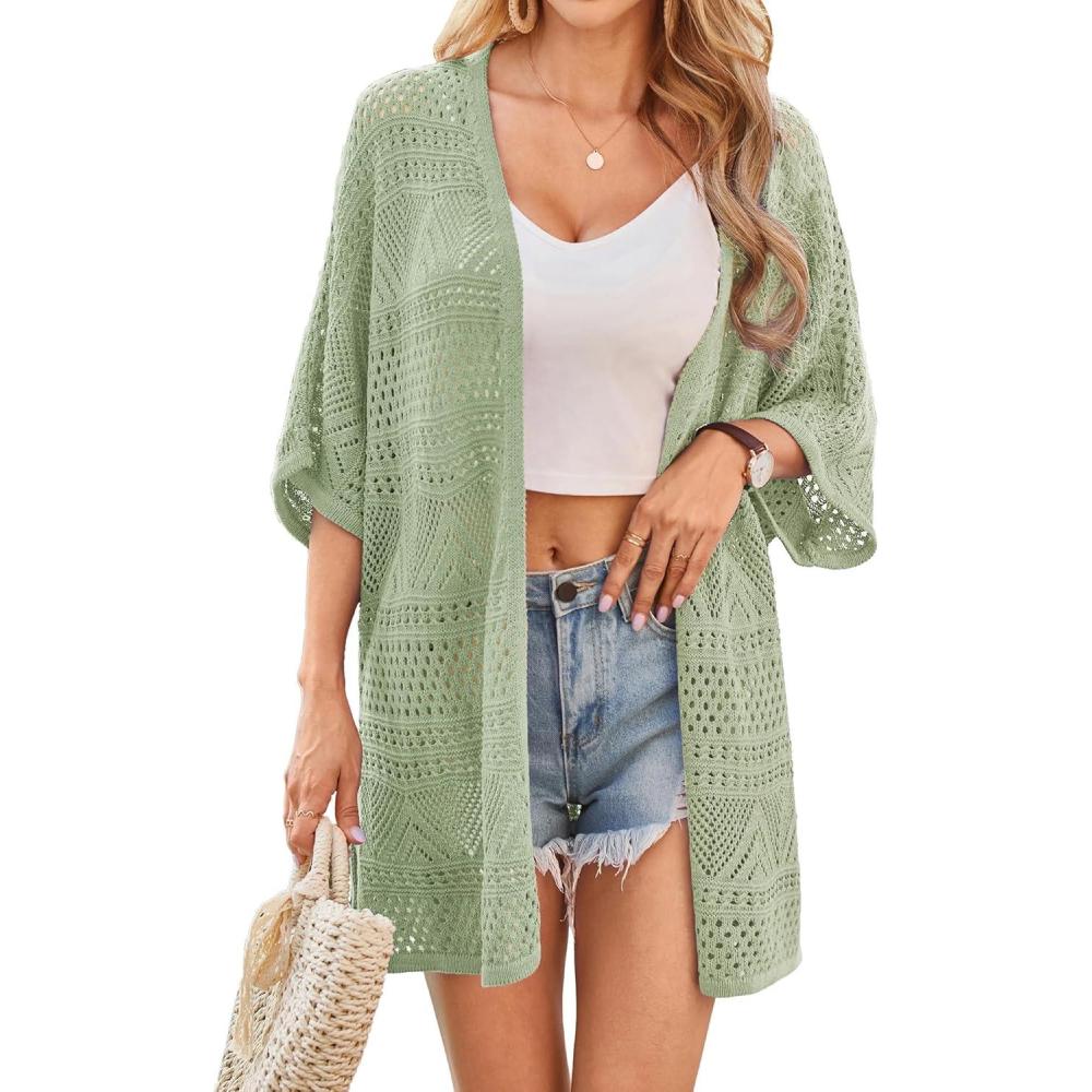imageGRACE KARIN Womens Summer Short Sleeve Crochet Cardigan Sweaters Lightweight 2026 Oversized Knit Boho Kimono CardigansLight Sage Green
