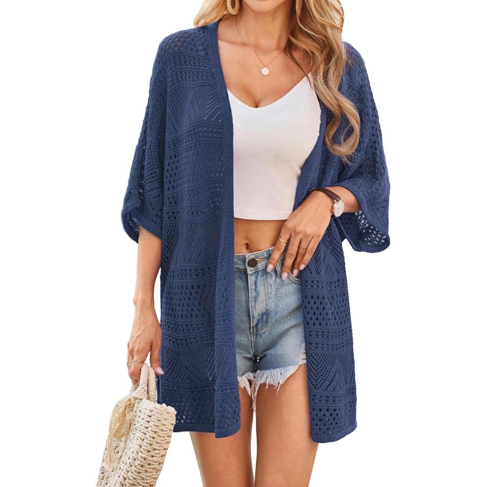 imageGRACE KARIN Womens Summer Short Sleeve Crochet Cardigan Sweaters Lightweight 2026 Oversized Knit Boho Kimono CardigansNavy Blue