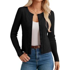 GRACE KARIN Knit Cardigan Sweaters, Long Sleeve Lightweight Sweater, Button Open Front Cropped Cardigans(Black)