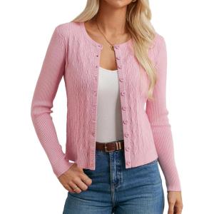 GRACE KARIN Knit Cardigan Sweaters, Long Sleeve Lightweight Sweater, Button Open Front Cropped Cardigans(Pink)
