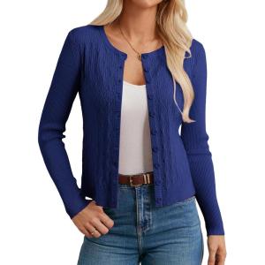 GRACE KARIN Knit Cardigan Sweaters, Long Sleeve Lightweight Sweater, Button Open Front Cropped Cardigans(Royal Blue)