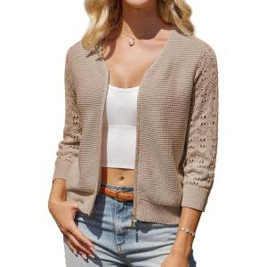GRACE KARIN Womens Lightweight Summer Cardigan 3/4 Sleeve Cropped Cardigan Dressy Zip Up Sweaters Jacket Clothes(Khaki)