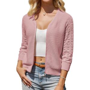 GRACE KARIN Womens Lightweight Summer Cardigan 3/4 Sleeve Cropped Cardigan Dressy Zip Up Sweaters Jacket Clothes(Pink)
