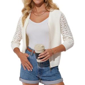 GRACE KARIN Womens Lightweight Summer Cardigan 3/4 Sleeve Cropped Cardigan Dressy Zip Up Sweaters Jacket Clothes(White)