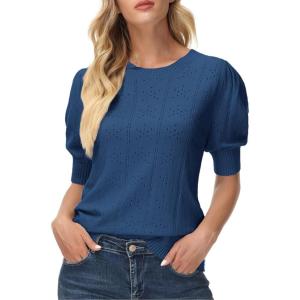GRACE KARIN Womens Lightweight Thin Summer Pullover Sweater Cute Puff Short Sleeve Tops Pullover Shirt Knit Blouse(Navy Blue)
