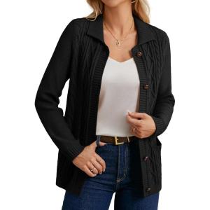 GRACE KARIN Womens Long Sleeve Cable Knit Cardigan Sweater, Button Up Warm Chunky Cardigan, Fall Winter Fashion Clothes(Black)
