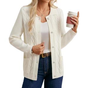 GRACE KARIN Womens Long Sleeve Cable Knit Cardigan Sweater, Button Up Warm Chunky Cardigan, Fall Winter Fashion Clothes(Ivory White)