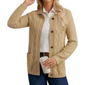 GRACE KARIN Womens Long Sleeve Cable Knit Cardigan Sweater, Button Up Warm Chunky Cardigan, Fall Winter Fashion Clothes(Khaki)