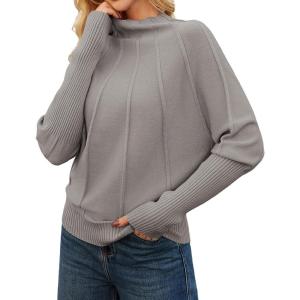 GRACE KARIN Women’s Mock Neck Batwing Sleeve Sweater Loose Knitted Pullover Sweaters Ribbed Sweater Tops(Khaki)
