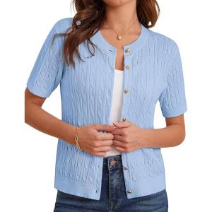 GRACE KARIN Women’s Short Sleeve Button Up Summer Cardigan Sweater Y2K Cardigan Jacket (Runs Big, Suggest Size Down)(Light Blue)