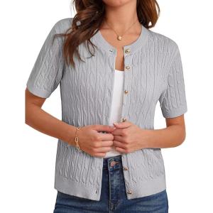 GRACE KARIN Women’s Short Sleeve Button Up Summer Cardigan Sweater Y2K Cardigan Jacket (Runs Big, Suggest Size Down)(Light Gray)