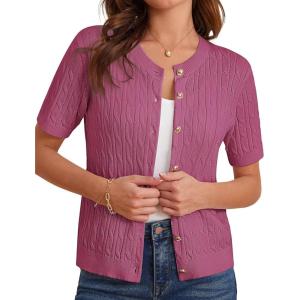 GRACE KARIN Women’s Short Sleeve Button Up Summer Cardigan Sweater Y2K Cardigan Jacket (Runs Big, Suggest Size Down)(Rose Red)