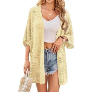 GRACE KARIN Womens Summer Short Sleeve Crochet Cardigan Sweaters Lightweight 2026 Oversized Knit Boho Kimono Cardigans(Butter Yellow)