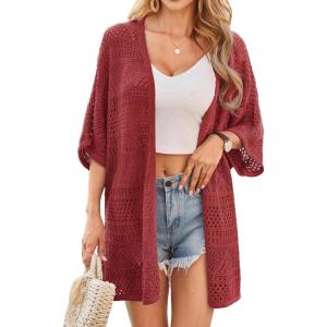 GRACE KARIN Womens Summer Short Sleeve Crochet Cardigan Sweaters Lightweight 2026 Oversized Knit Boho Kimono Cardigans(Red)