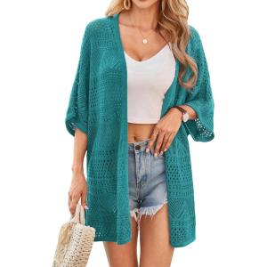 GRACE KARIN Womens Summer Short Sleeve Crochet Cardigan Sweaters Lightweight 2026 Oversized Knit Boho Kimono Cardigans(Teal Blue)