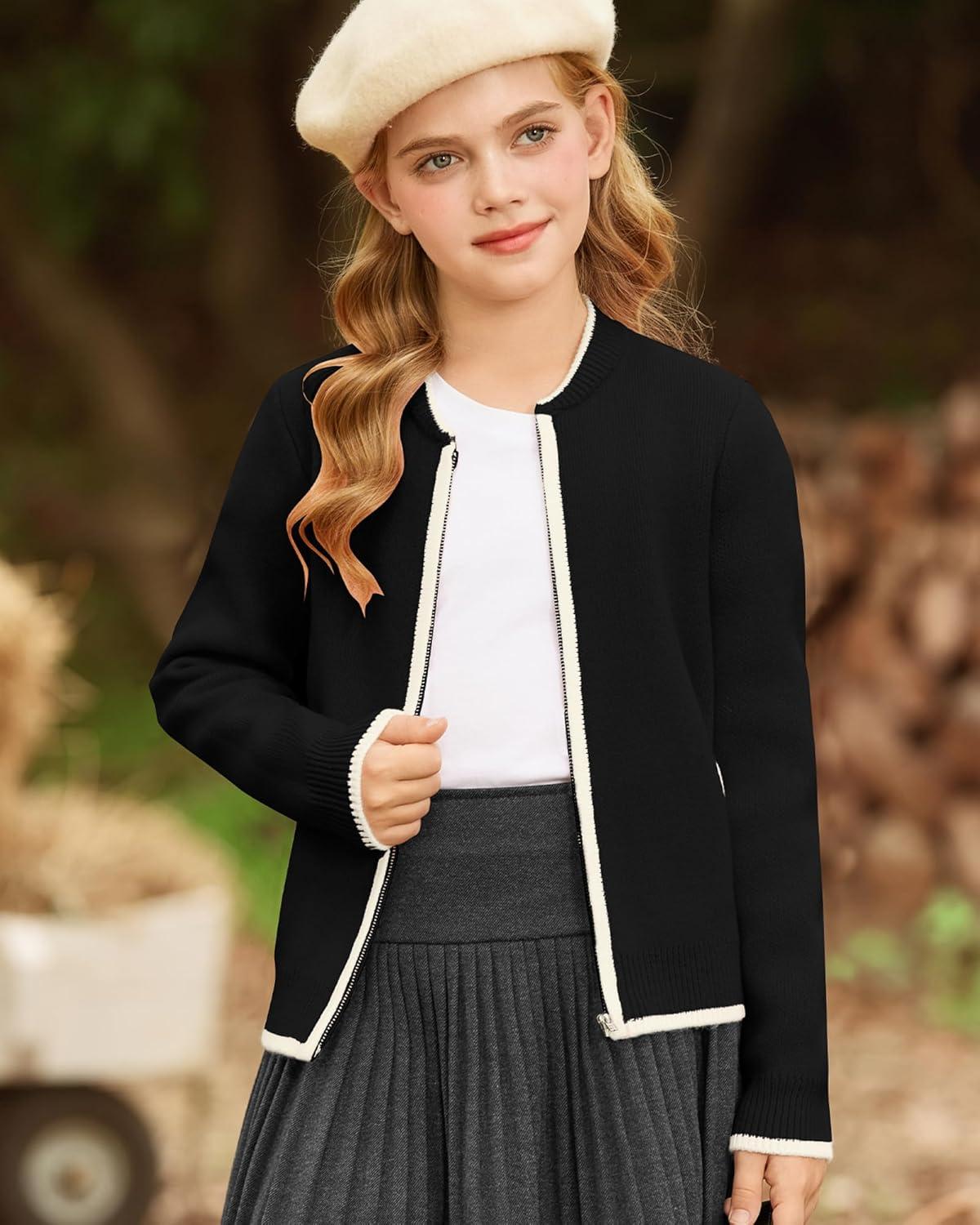 imageGRACE KARIN Girls Cardigan Knit Zip Uniform Sweater School Winter with Pockets 614YBlack