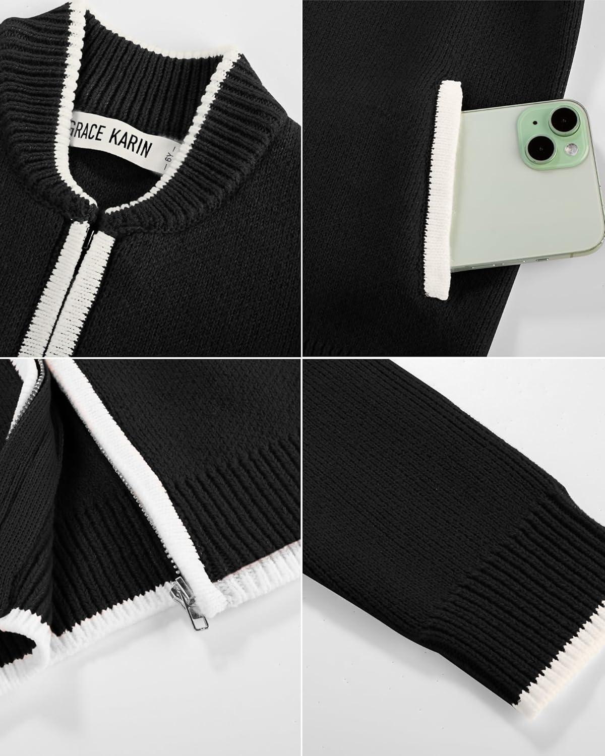 imageGRACE KARIN Girls Cardigan Knit Zip Uniform Sweater School Winter with Pockets 614YBlack