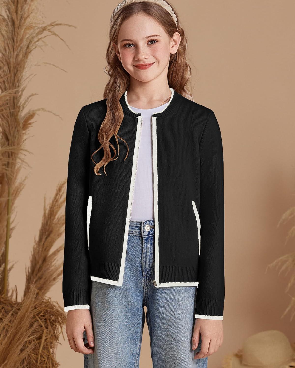 imageGRACE KARIN Girls Cardigan Knit Zip Uniform Sweater School Winter with Pockets 614YBlack