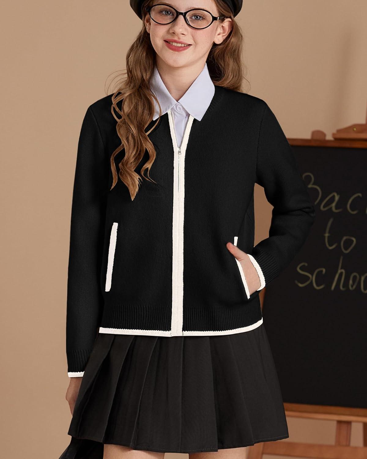 imageGRACE KARIN Girls Cardigan Knit Zip Uniform Sweater School Winter with Pockets 614YBlack
