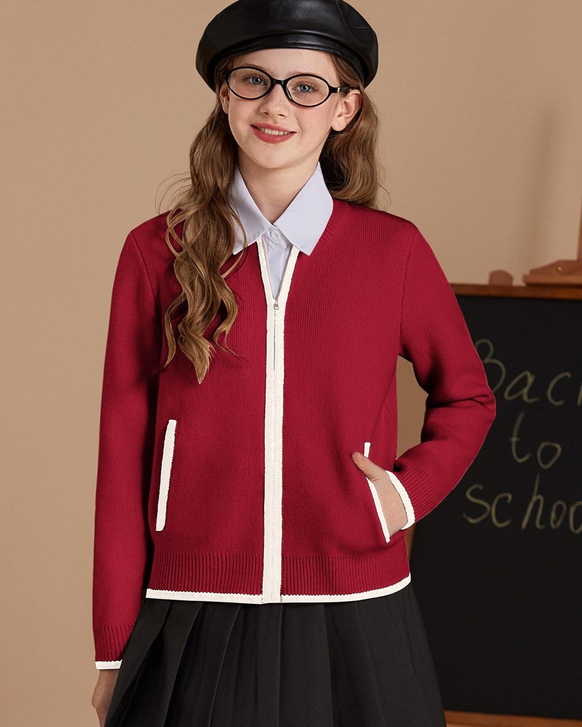 imageGRACE KARIN Girls Cardigan Knit Zip Uniform Sweater School Winter with Pockets 614YMaroon