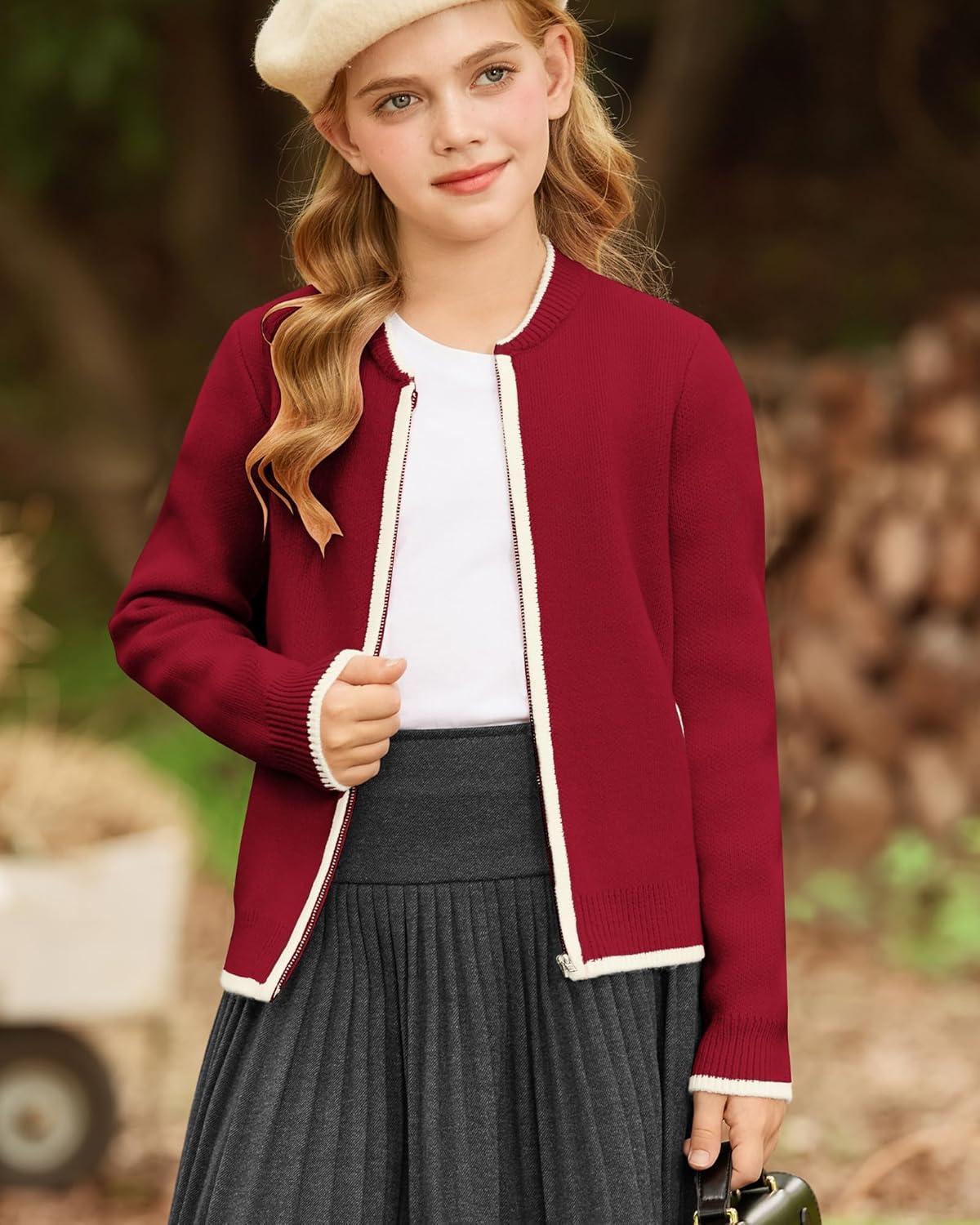 imageGRACE KARIN Girls Cardigan Knit Zip Uniform Sweater School Winter with Pockets 614YMaroon
