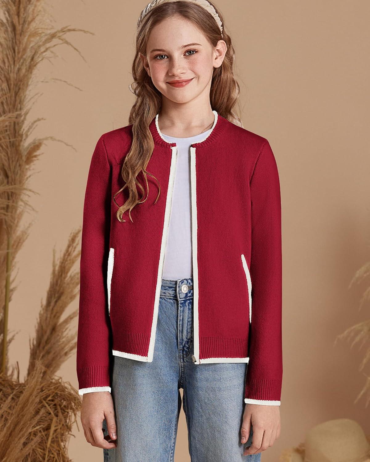 imageGRACE KARIN Girls Cardigan Knit Zip Uniform Sweater School Winter with Pockets 614YMaroon