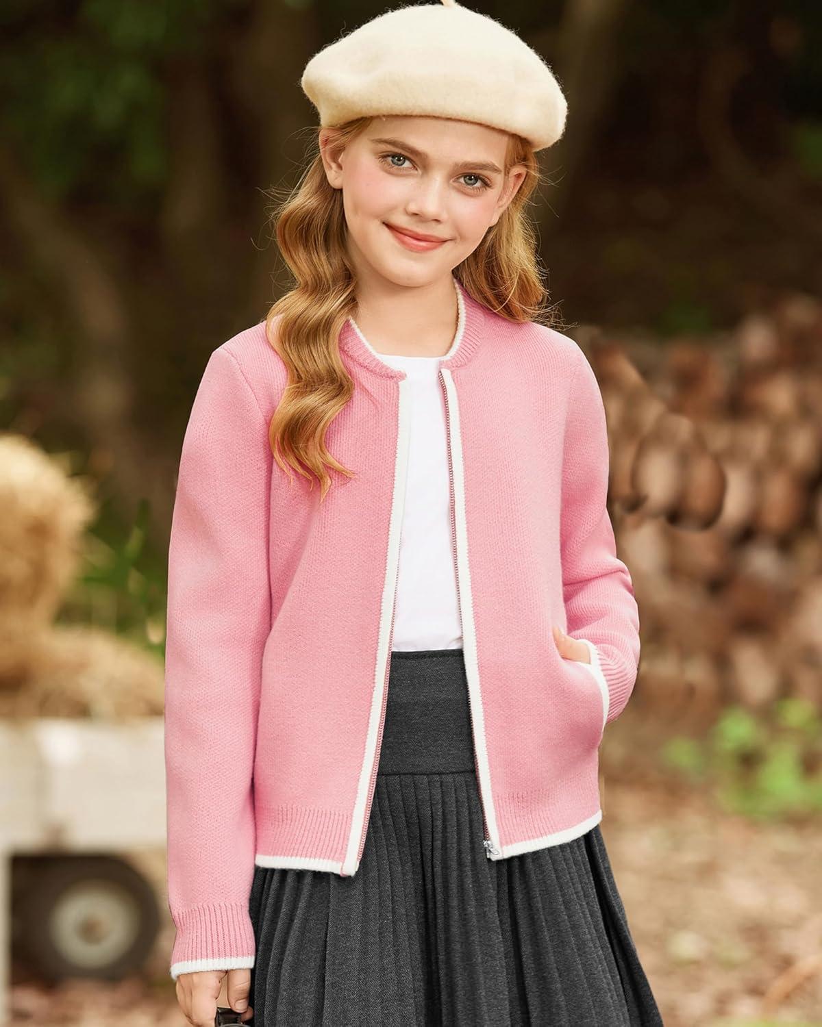 imageGRACE KARIN Girls Cardigan Knit Zip Uniform Sweater School Winter with Pockets 614YPink