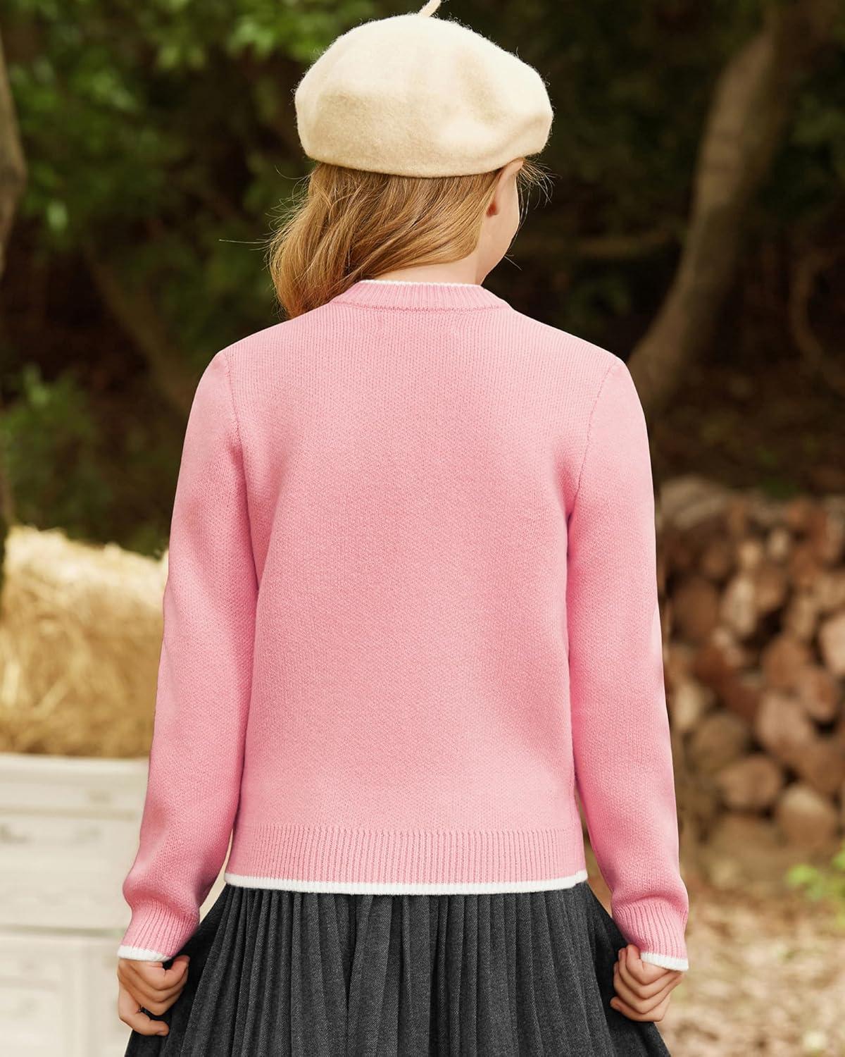 imageGRACE KARIN Girls Cardigan Knit Zip Uniform Sweater School Winter with Pockets 614YPink