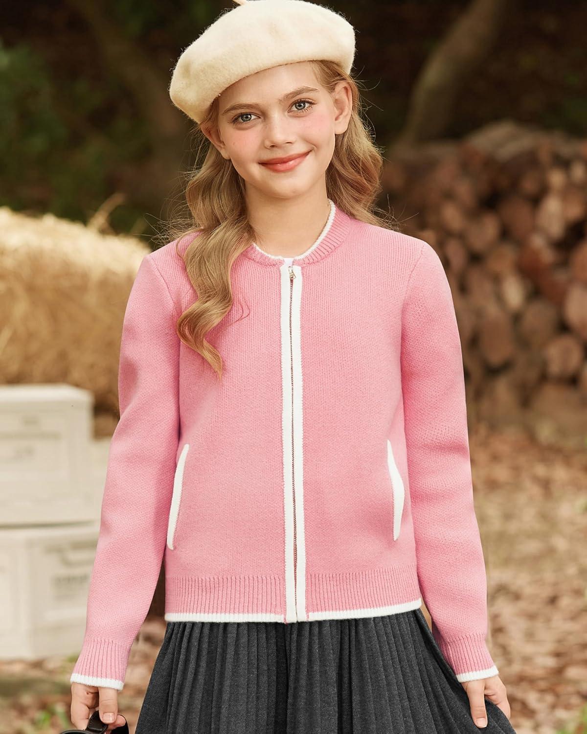 imageGRACE KARIN Girls Cardigan Knit Zip Uniform Sweater School Winter with Pockets 614YPink