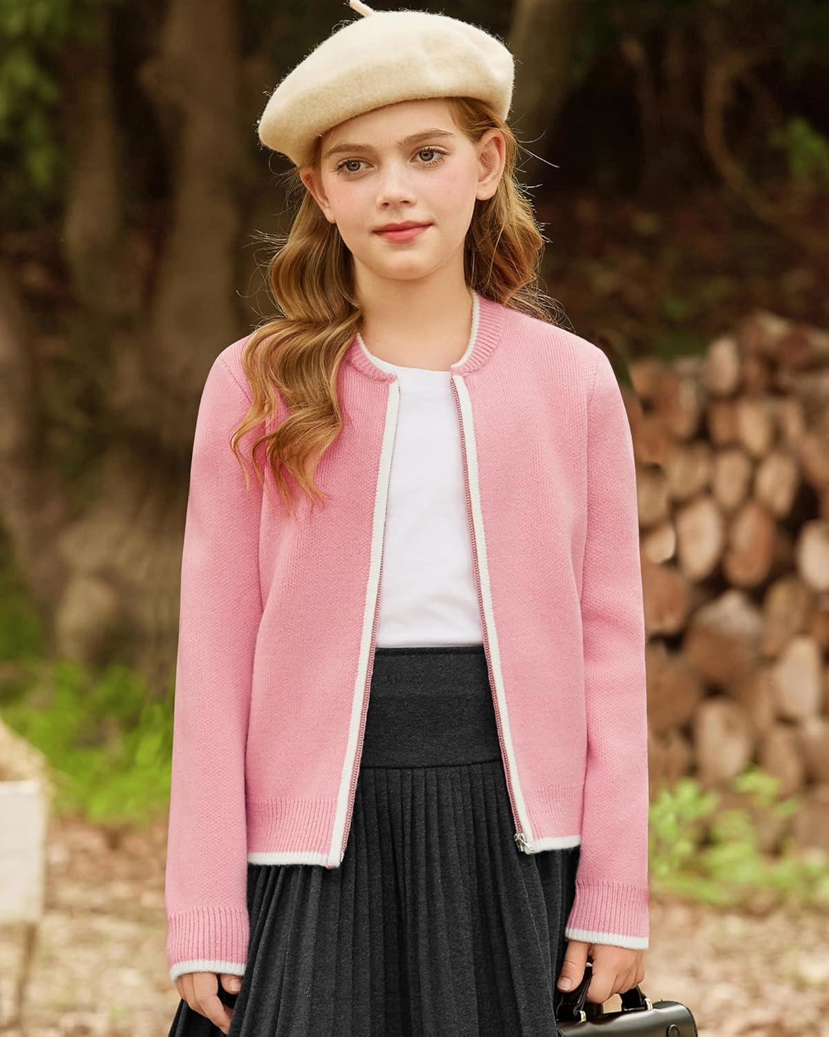 imageGRACE KARIN Girls Cardigan Knit Zip Uniform Sweater School Winter with Pockets 614YPink