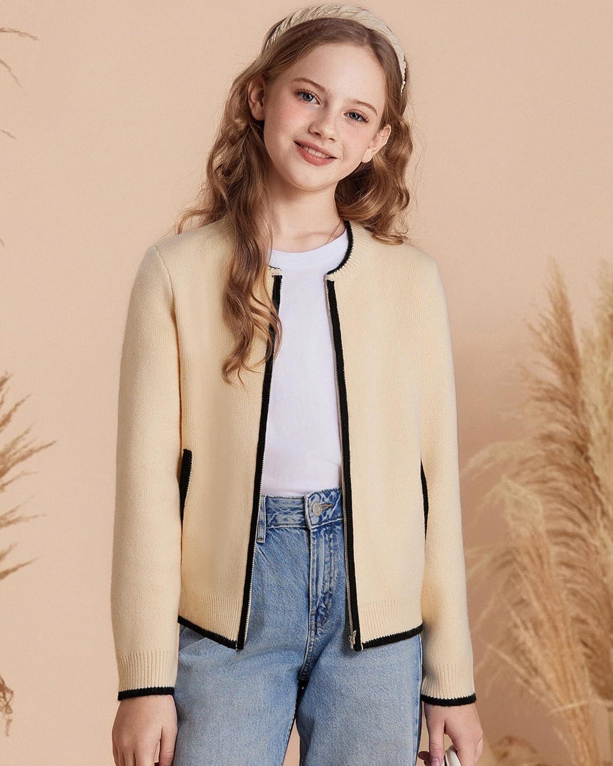 imageGRACE KARIN Girls Cardigan Knit Zip Uniform Sweater School Winter with Pockets 614YWhite