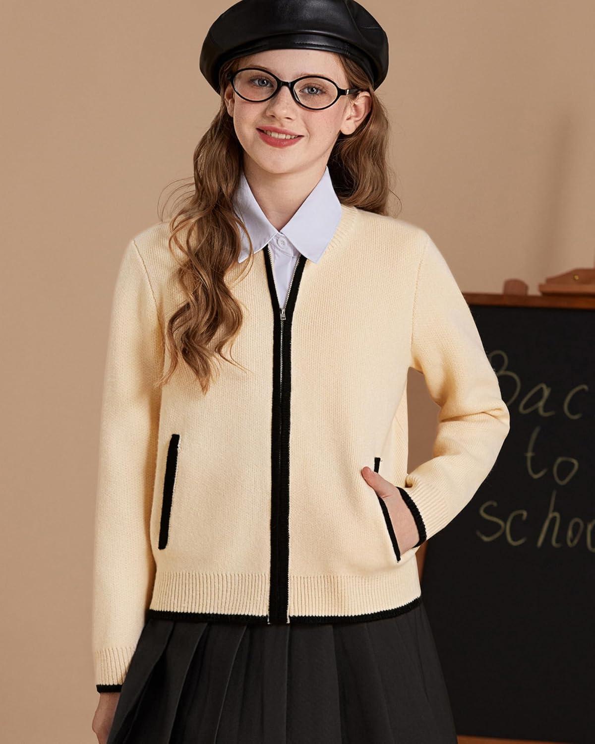 imageGRACE KARIN Girls Cardigan Knit Zip Uniform Sweater School Winter with Pockets 614YWhite