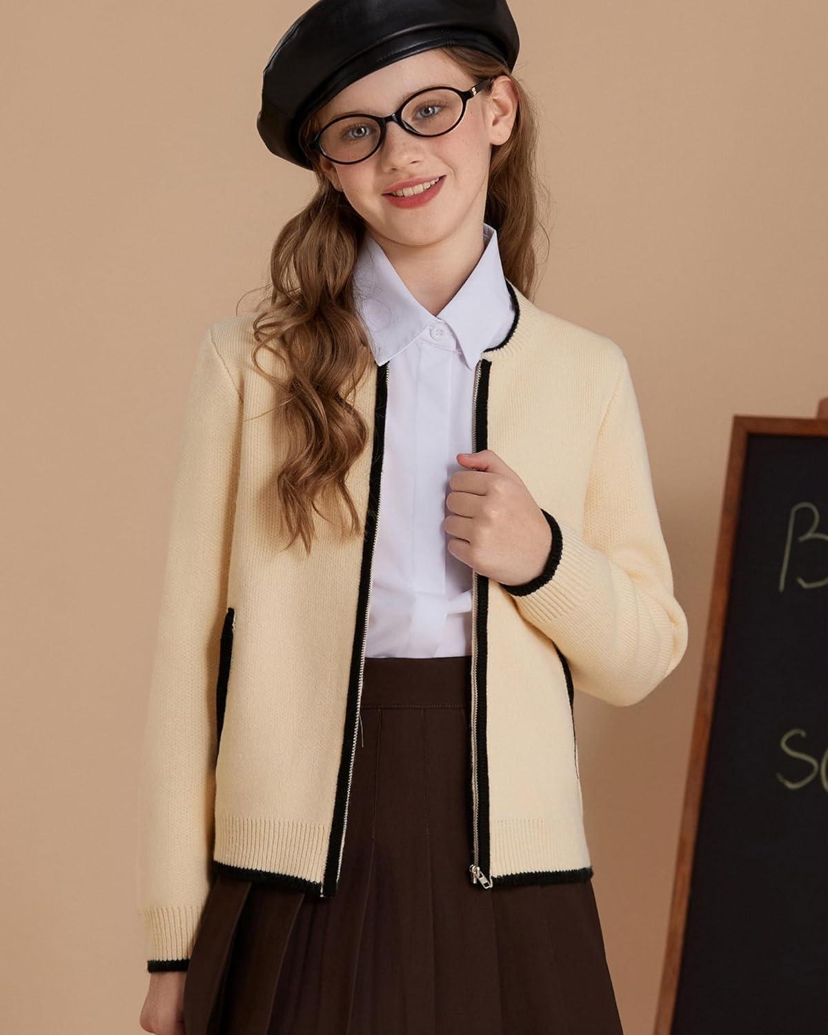 imageGRACE KARIN Girls Cardigan Knit Zip Uniform Sweater School Winter with Pockets 614YWhite