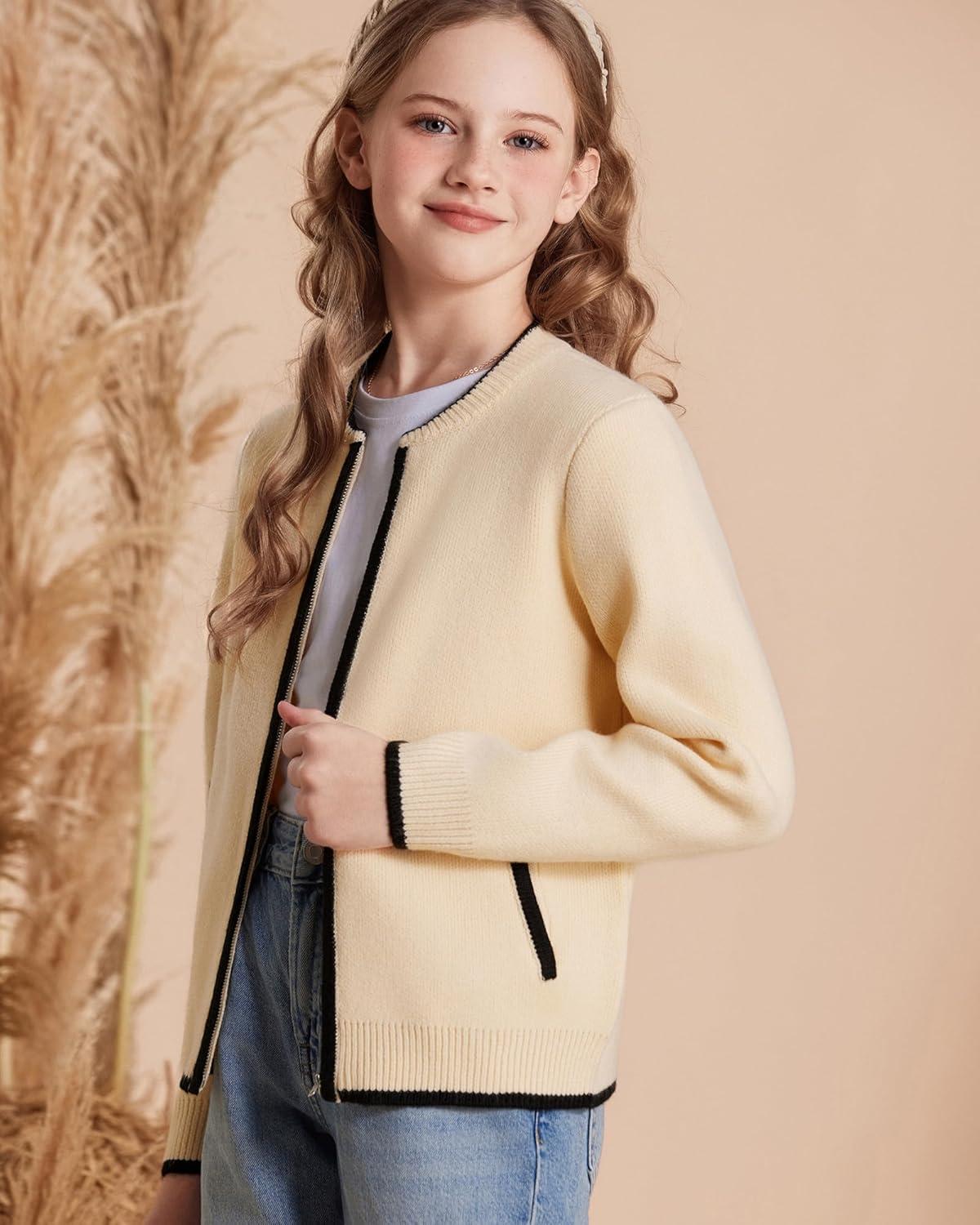 imageGRACE KARIN Girls Cardigan Knit Zip Uniform Sweater School Winter with Pockets 614YWhite