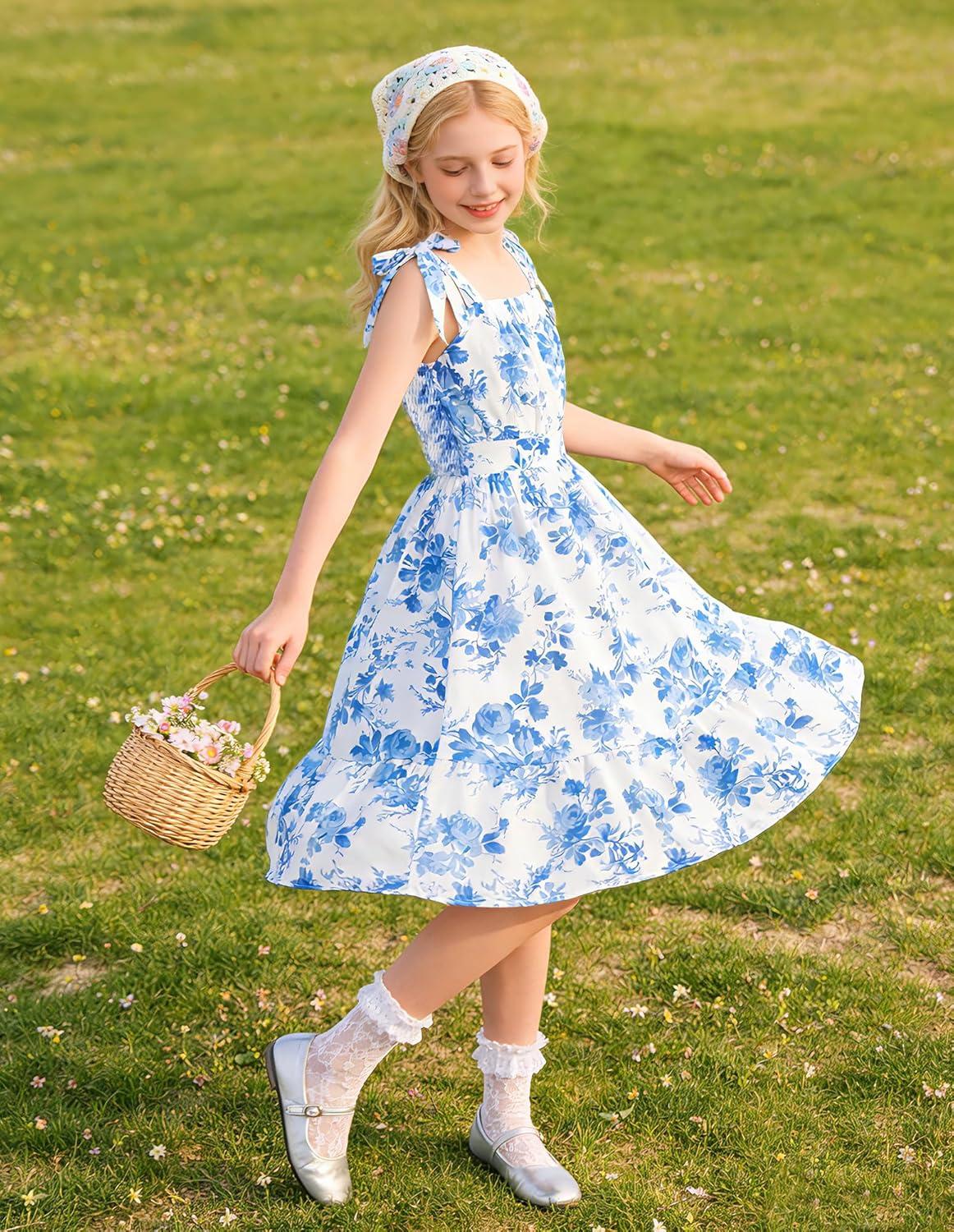 imageGRACE KARIN Girls Floral Chiffon Dress Summer Hawaiian Beach Vacation Party Wedding Birthday Sleeveless ALine 714YBlue Willow
