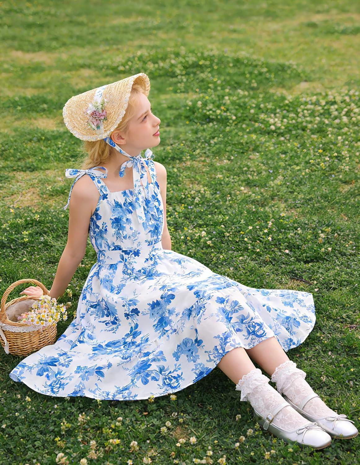 imageGRACE KARIN Girls Floral Chiffon Dress Summer Hawaiian Beach Vacation Party Wedding Birthday Sleeveless ALine 714YBlue Willow