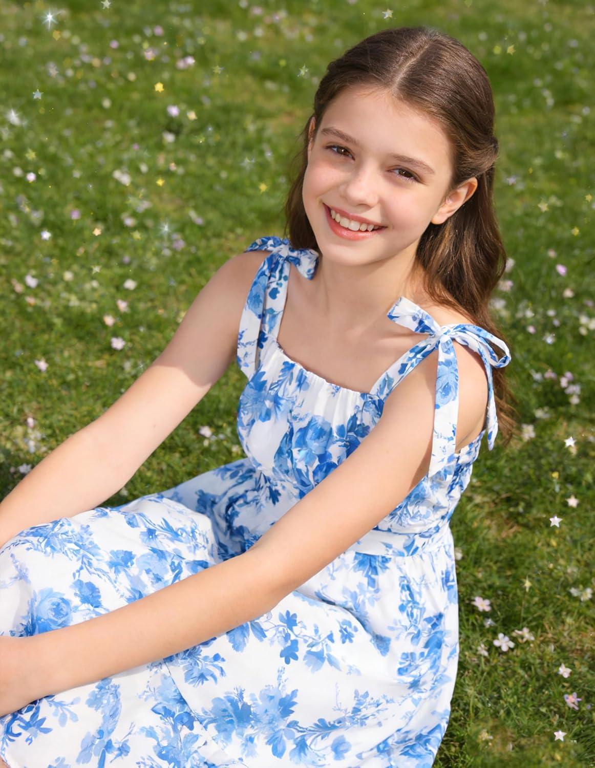 imageGRACE KARIN Girls Floral Chiffon Dress Summer Hawaiian Beach Vacation Party Wedding Birthday Sleeveless ALine 714YBlue Willow