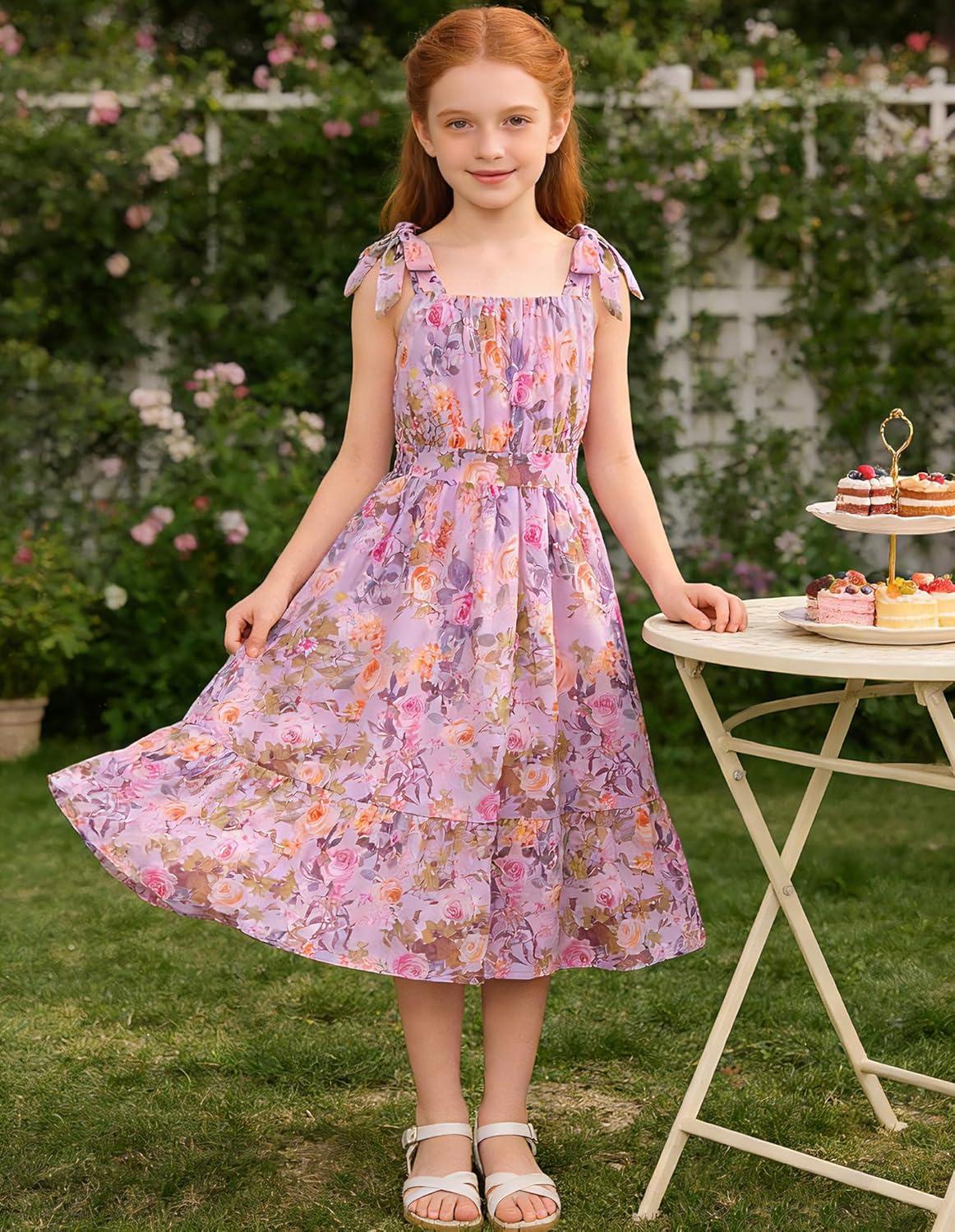 imageGRACE KARIN Girls Floral Chiffon Dress Summer Hawaiian Beach Vacation Party Wedding Birthday Sleeveless ALine 714YLavender Promise