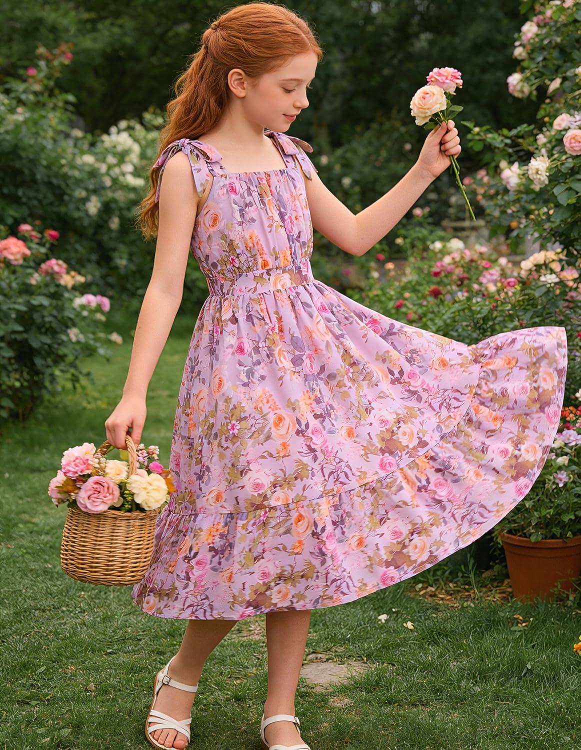 imageGRACE KARIN Girls Floral Chiffon Dress Summer Hawaiian Beach Vacation Party Wedding Birthday Sleeveless ALine 714YLavender Promise