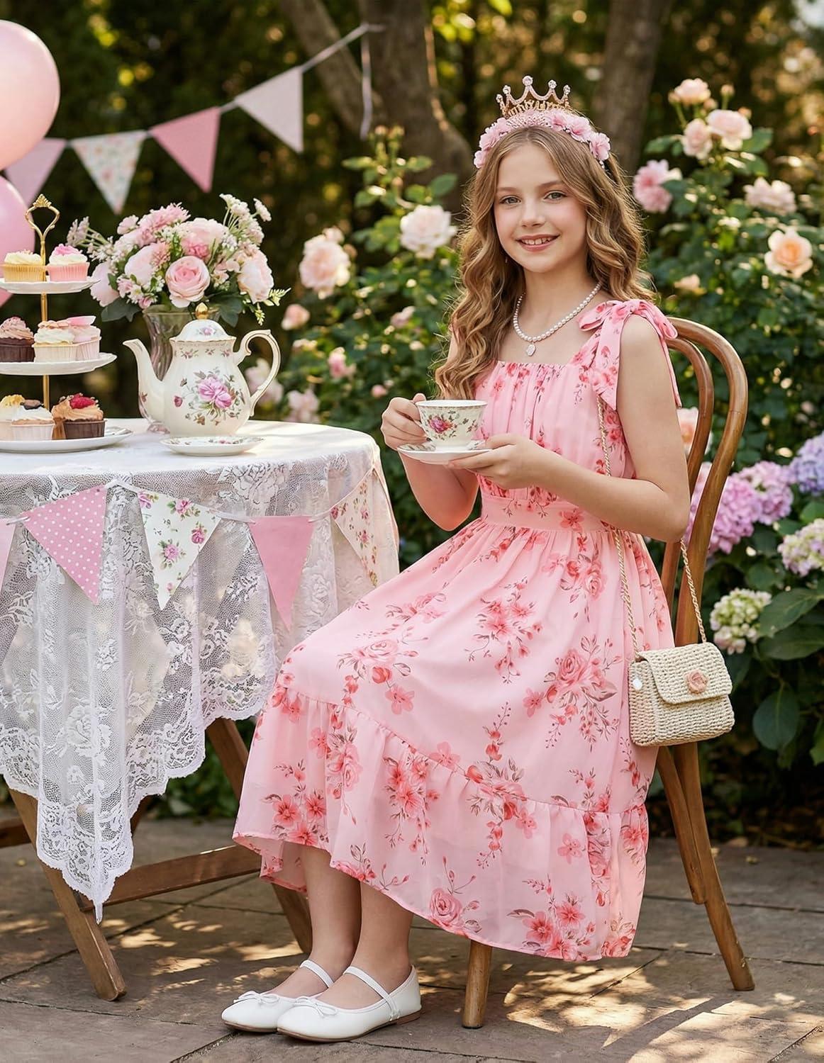 imageGRACE KARIN Girls Floral Chiffon Dress Summer Hawaiian Beach Vacation Party Wedding Birthday Sleeveless ALine 714YPink Flower