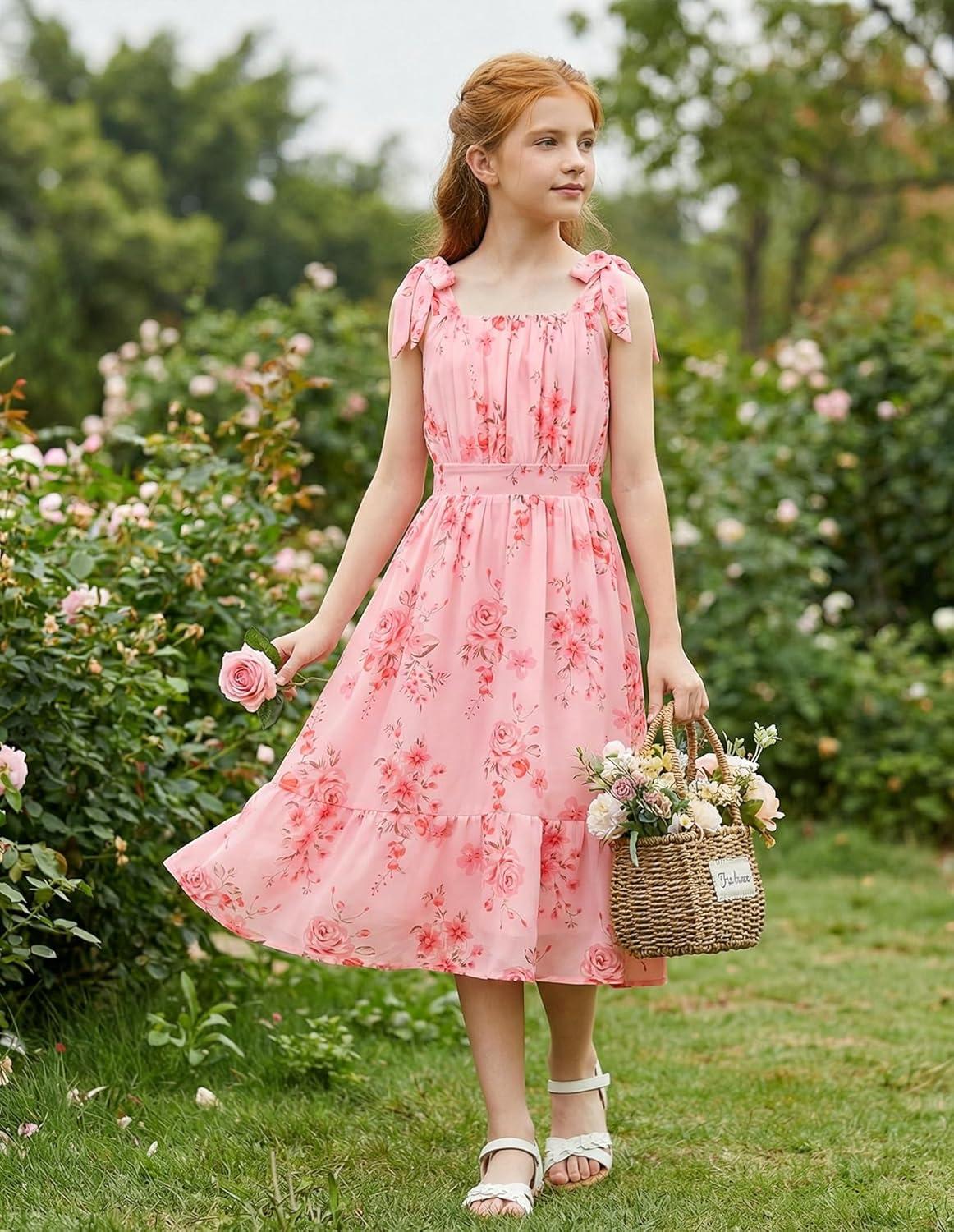 imageGRACE KARIN Girls Floral Chiffon Dress Summer Hawaiian Beach Vacation Party Wedding Birthday Sleeveless ALine 714YPink Flower