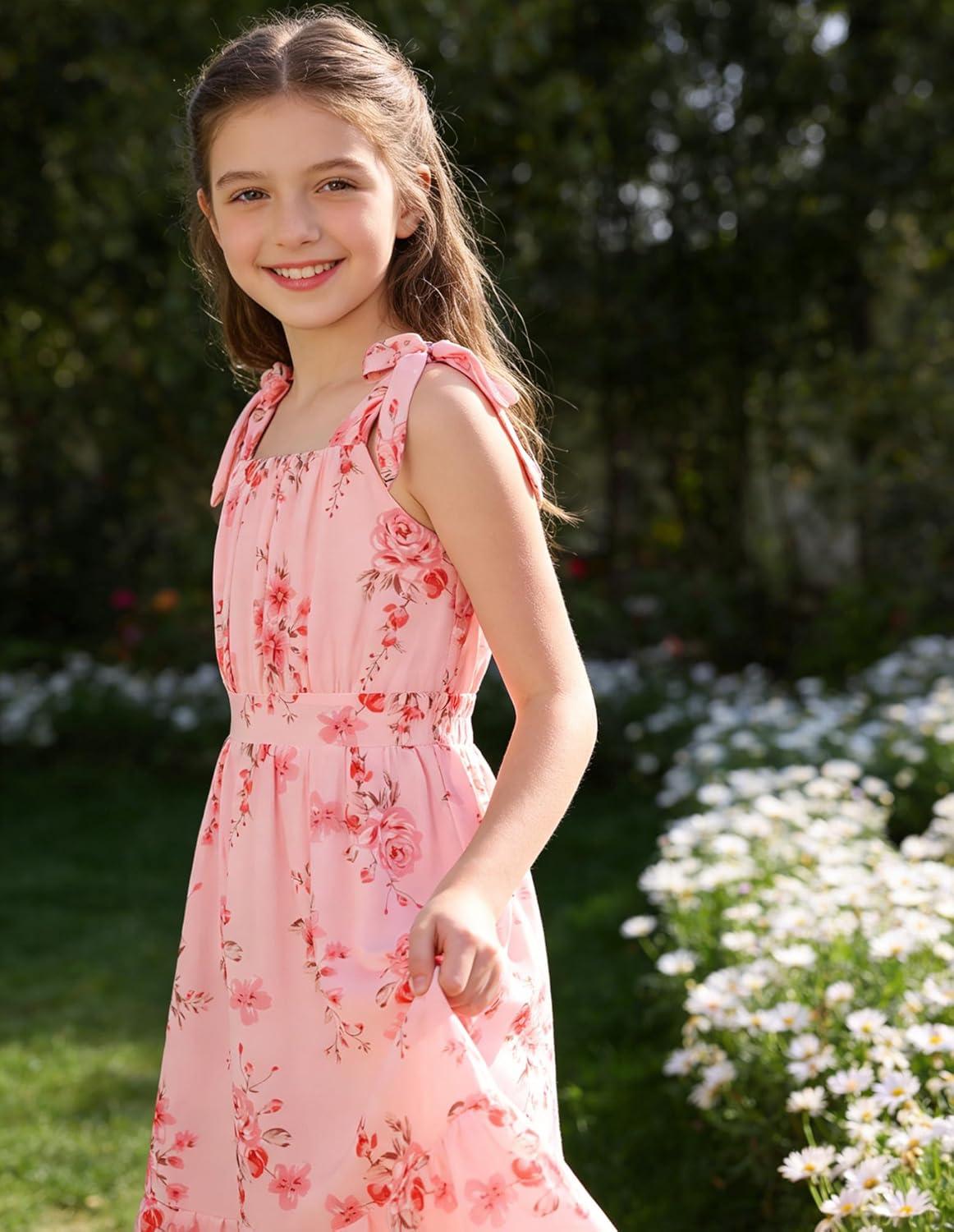 imageGRACE KARIN Girls Floral Chiffon Dress Summer Hawaiian Beach Vacation Party Wedding Birthday Sleeveless ALine 714YPink Flower