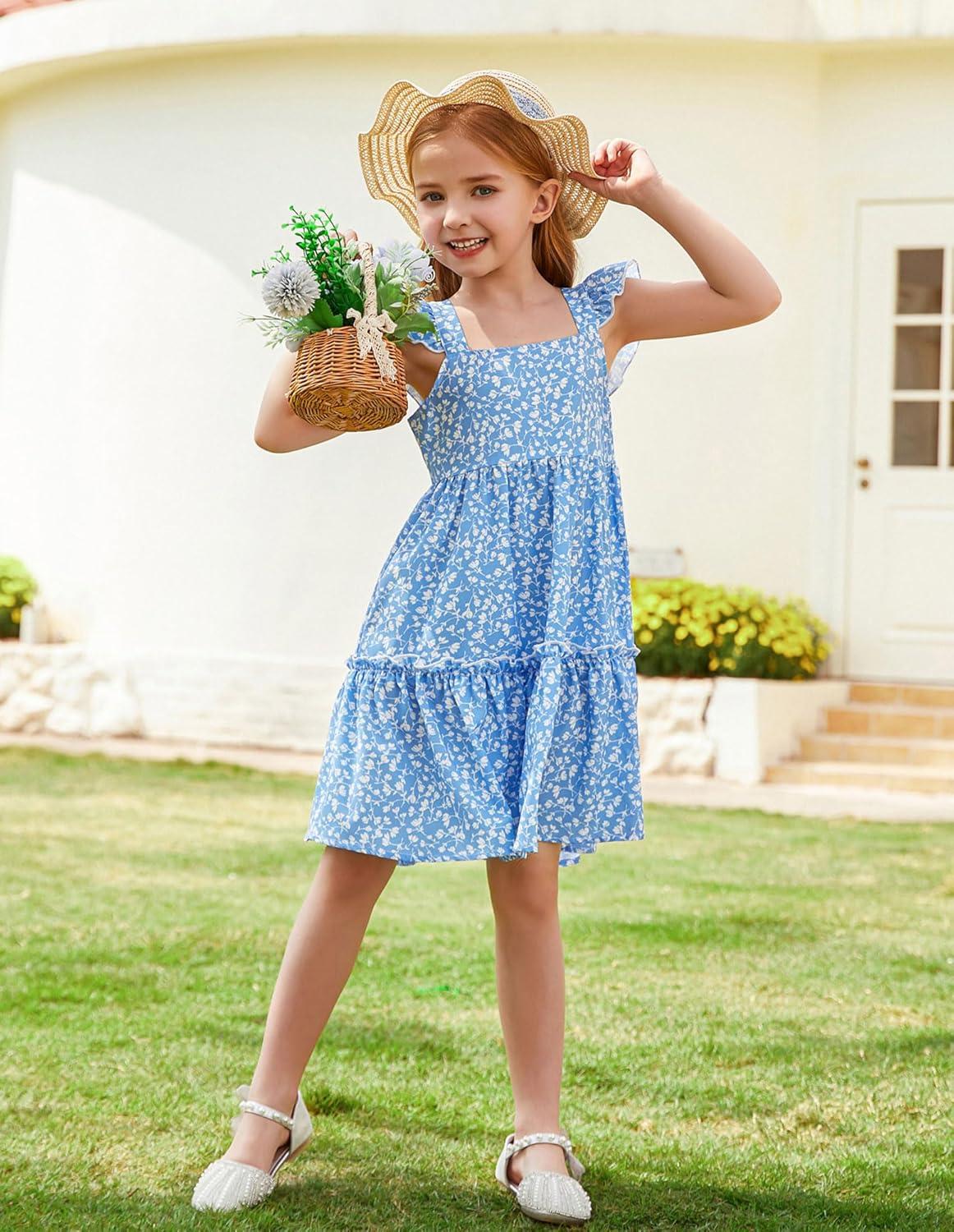 imageGRACE KARIN Girls Floral Dress Tie Back Flutter Sleeves Casual Summer Dress for 512YBlue Floral